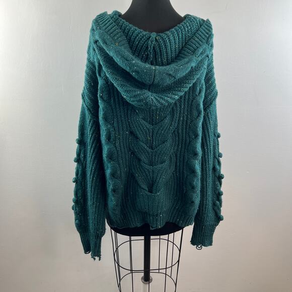 WILDFOX Pattie Green Sweater Chunky Knit V-Neck Hood Raglan Sleeve Size Large L - Picture 8 of 10